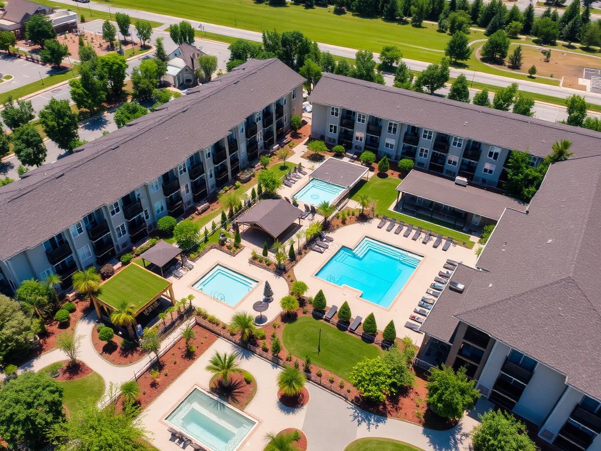 Aerial view of a multifamily community with amenities