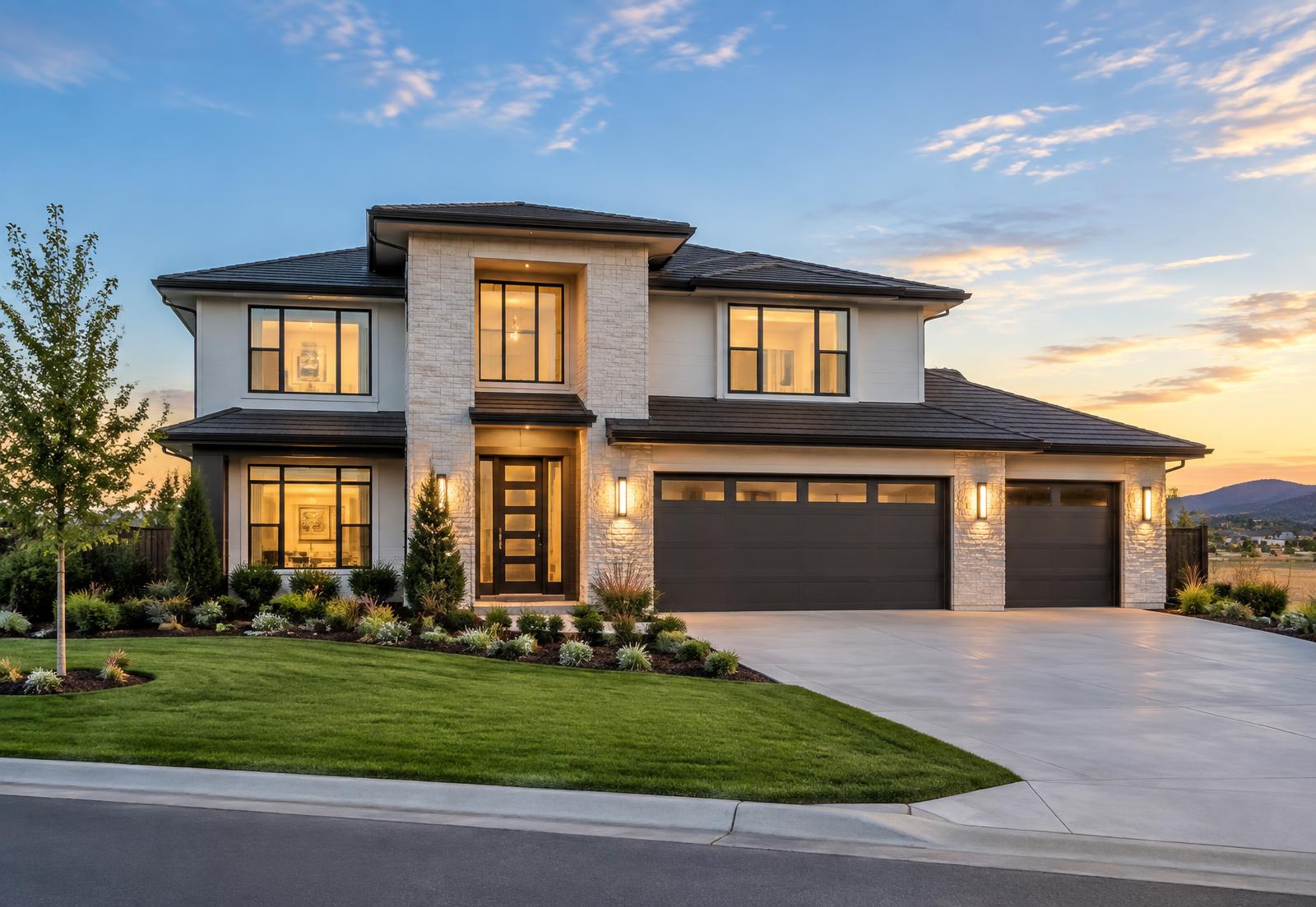 Newly constructed luxury home at sunset